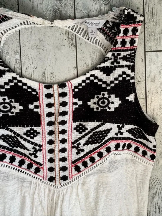 Lucky Brand Aztec Tank Top Medium Boho Embroidered Tribal Linen Blend Sleeveless - Picture 10 of 10